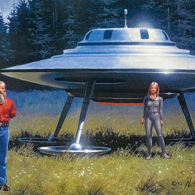 Postkarte Nr. 1247, Gemälde mit Billy und Semjase vor Strahlschiff